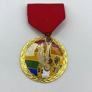 Vintage 1983 Margarita Basketball Medal Red Ribbon Enamel Gold Tone Sport Trophy